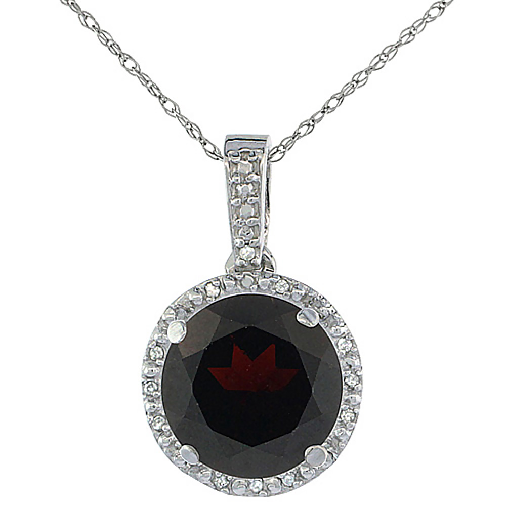 10K WHITE GOLD 0.03 CTTW DIAMOND NATURAL GARNET PENDANT ROUND 11X11 MM