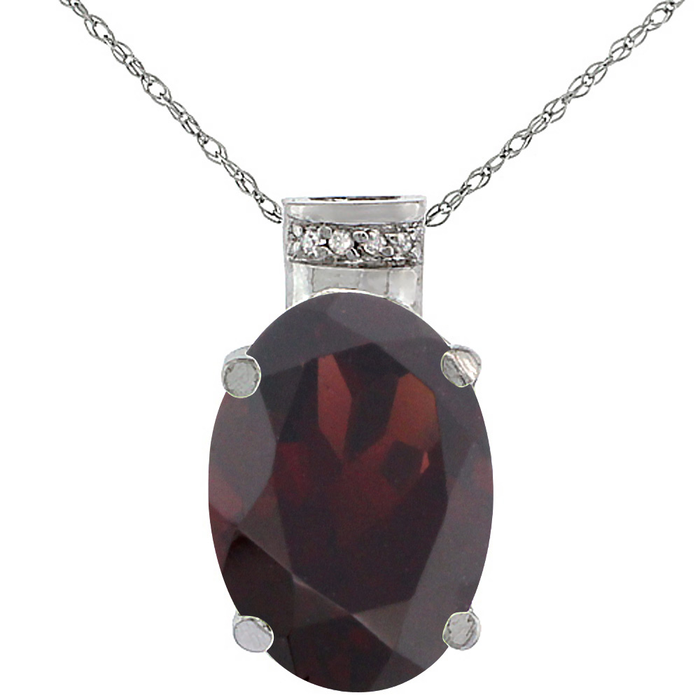 10K WHITE GOLD DIAMOND NATURAL GARNET PENDANT OVAL 14X10 MM