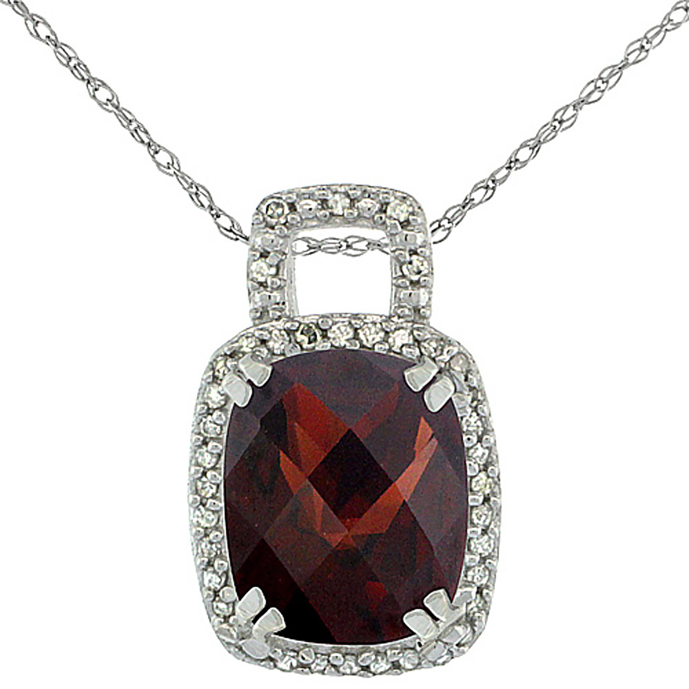 10K WHITE GOLD NATURAL GARNET PENDANT OCTAGON CUSHION 10X8 MM & DIAMOND ACCENTS