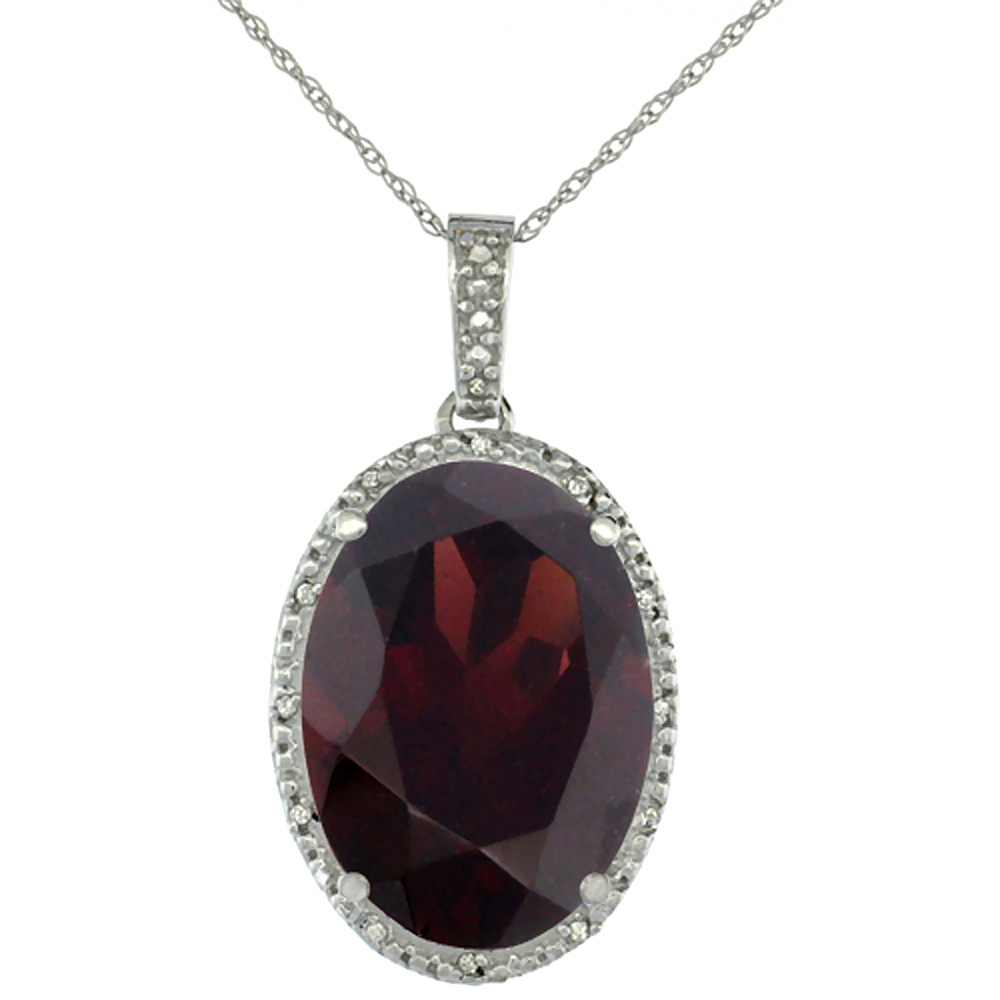 10K WHITE GOLD DIAMOND NATURAL GARNET PENDANT OVAL 18X13 MM