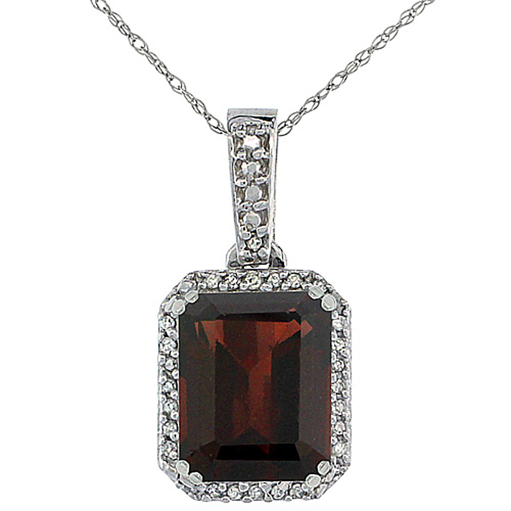 10K WHITE GOLD DIAMOND NATURAL GARNET PENDANT OCTAGON 9X7 MM