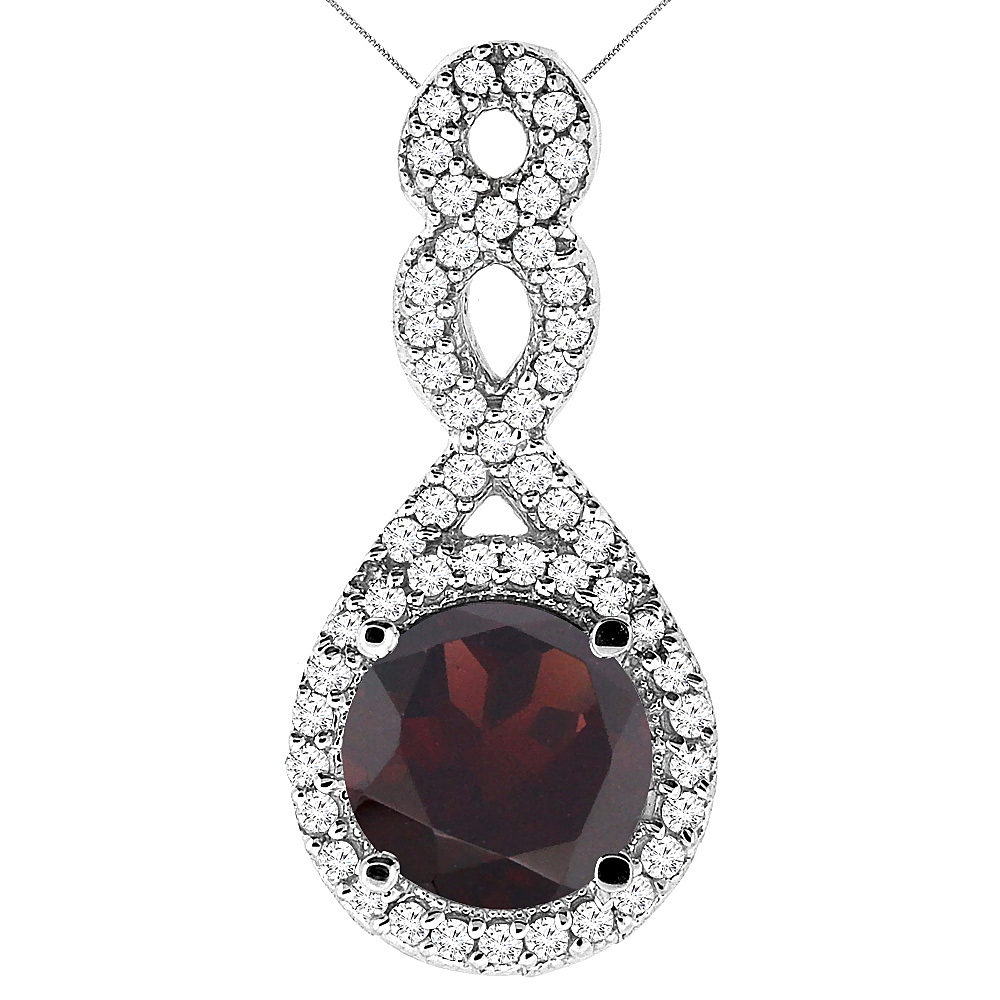 10K WHITE GOLD NATURAL GARNET ETERNITY PENDANT ROUND 7X7MM WITH 18 INCH GOLD CHAIN