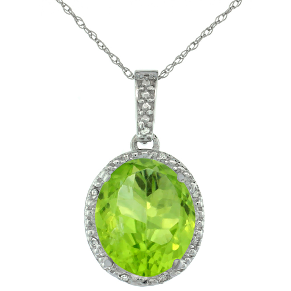 10K White Gold Diamond Halo Natural Peridot Necklace Oval 12x10 mm, 18 inch long