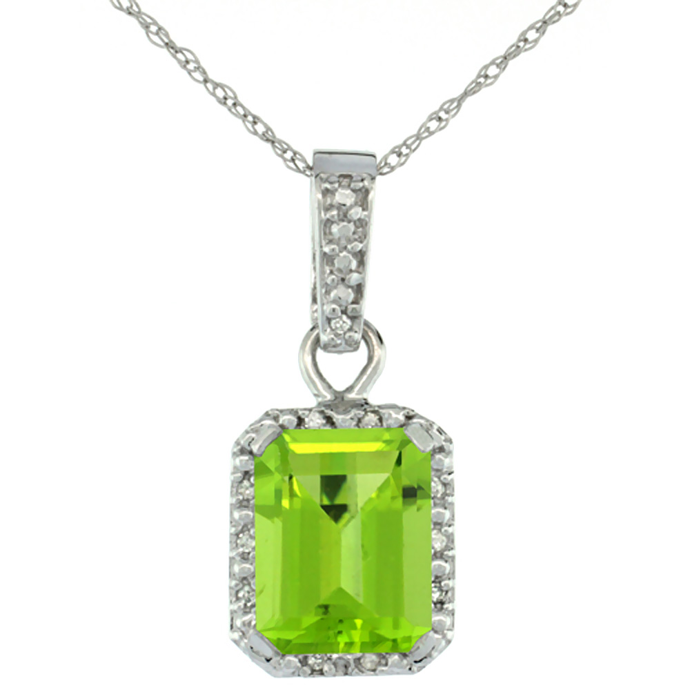 10K WHITE GOLD NATURAL PERIDOT PENDANT OCTAGON 8X6 MM & DIAMOND ACCENTS