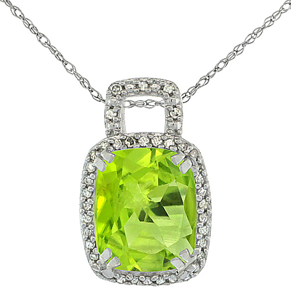 10K WHITE GOLD NATURAL PERIDOT PENDANT OCTAGON CUSHION 10X8 MM & DIAMOND ACCENTS