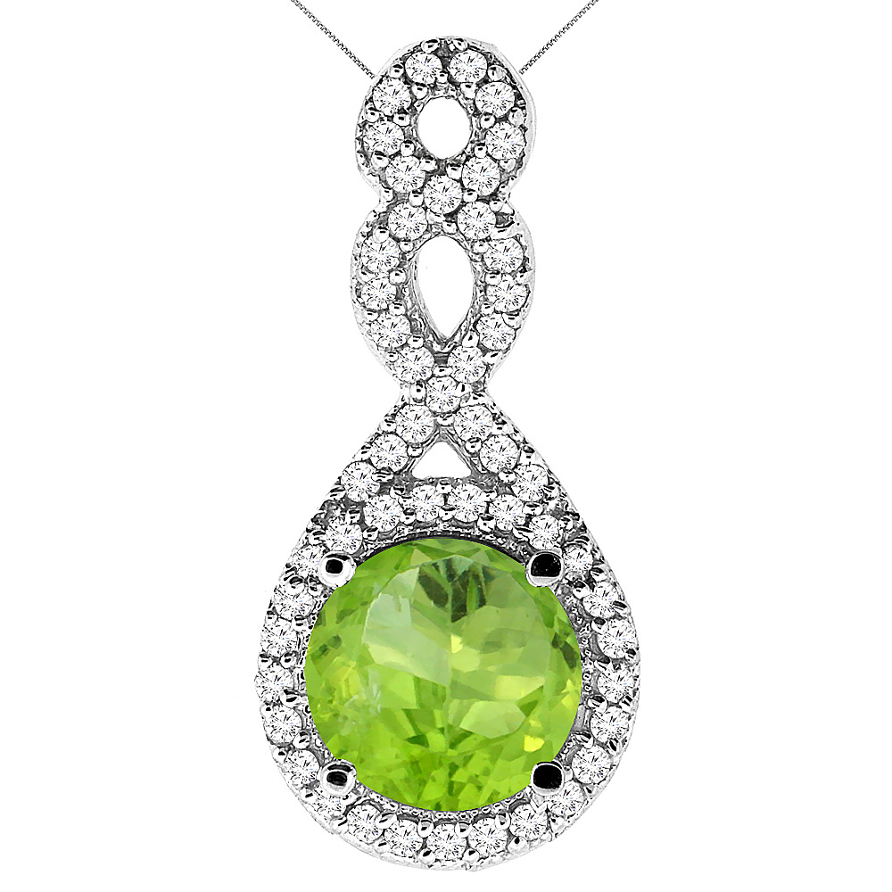 10K WHITE GOLD NATURAL PERIDOT ETERNITY PENDANT ROUND 7X7MM WITH 18 INCH GOLD CHAIN