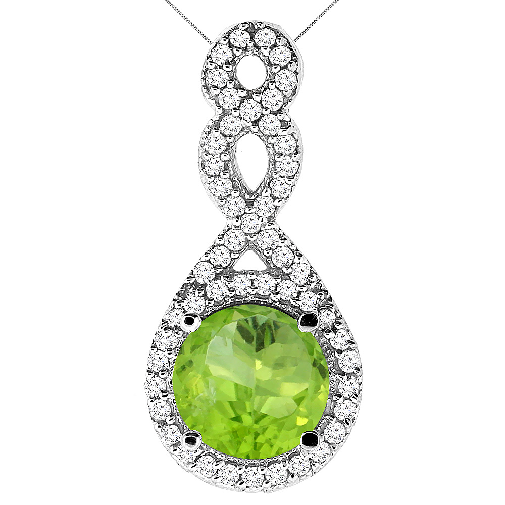 14K White Gold Natural Peridot Eternity Pendant Round 7x7mm with 18 inch Gold Chain