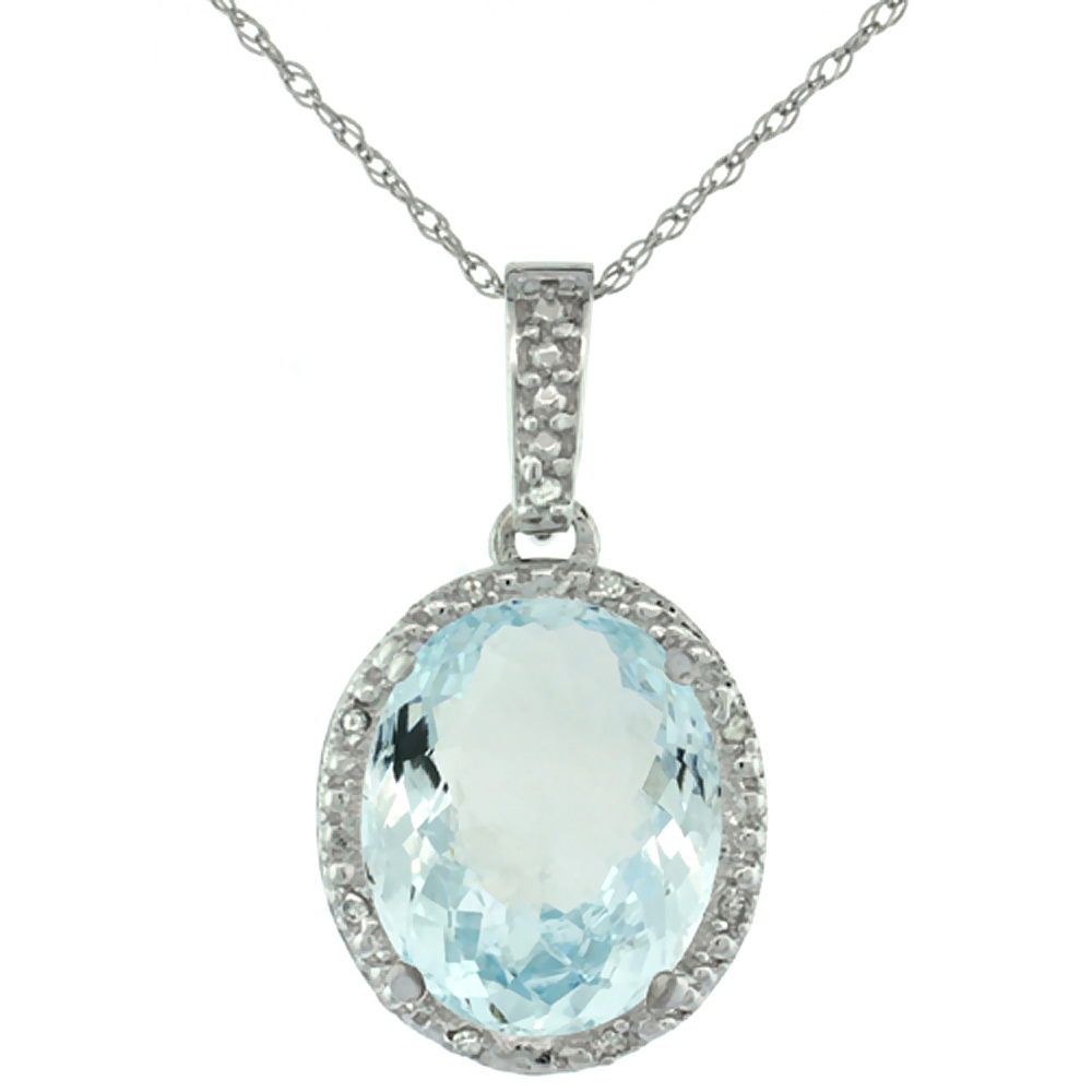 10K WHITE GOLD DIAMOND HALO NATURAL AQUAMARINE NECKLACE OVAL 12X10 MM, 18 INCH LONG