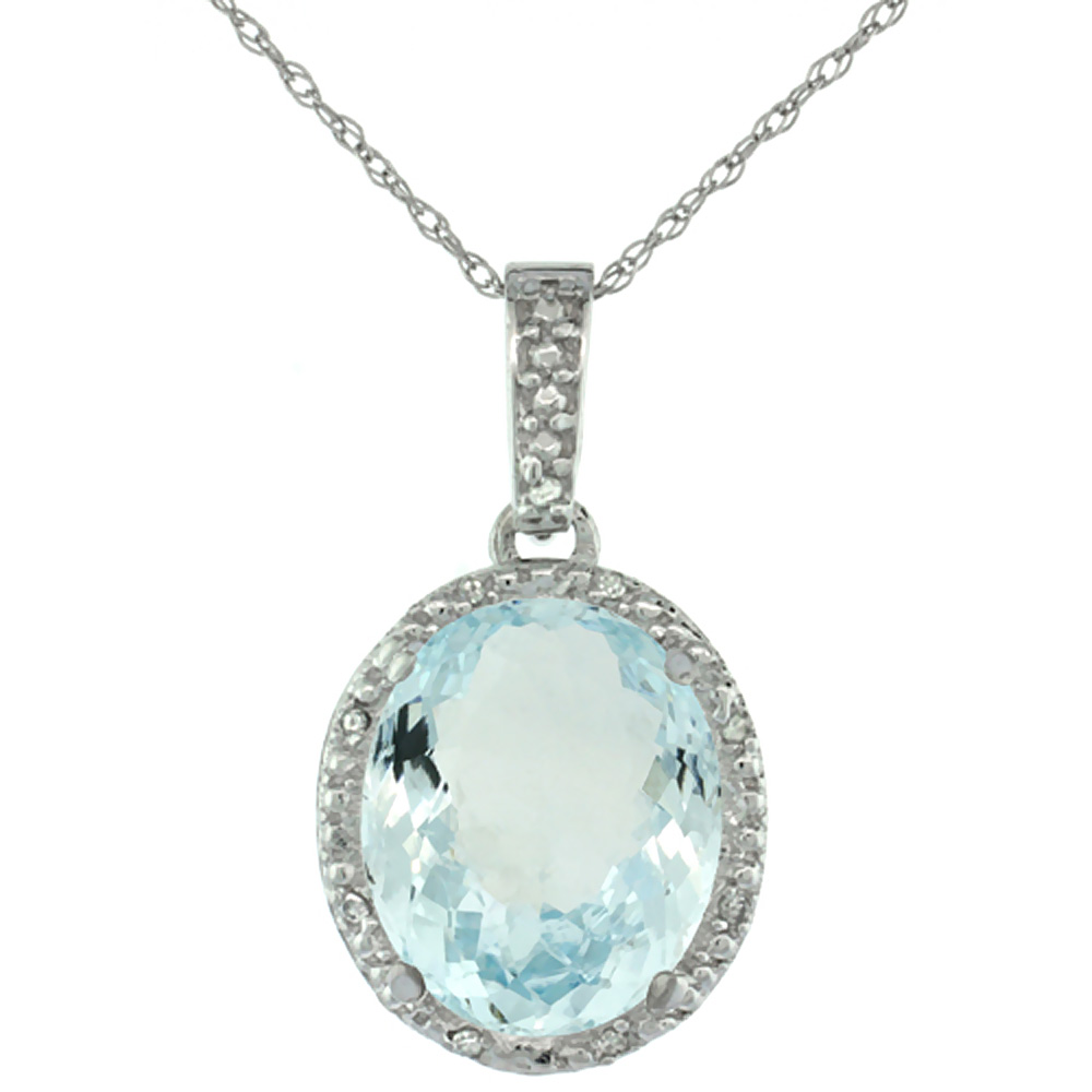 10K White Gold Diamond Halo Natural Aquamarine Necklace Oval 12x10 mm, 18 inch long
