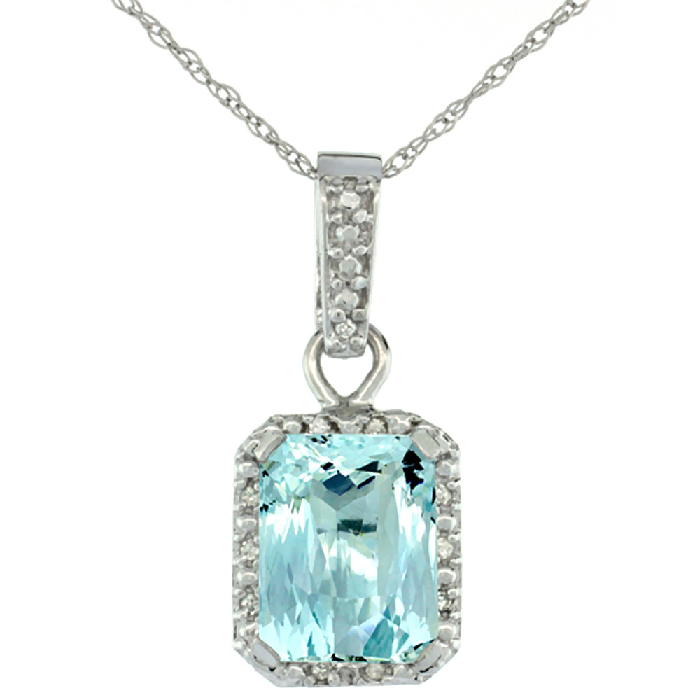 10K WHITE GOLD NATURAL AQUAMARINE PENDANT OCTAGON 8X6 MM & DIAMOND ACCENTS
