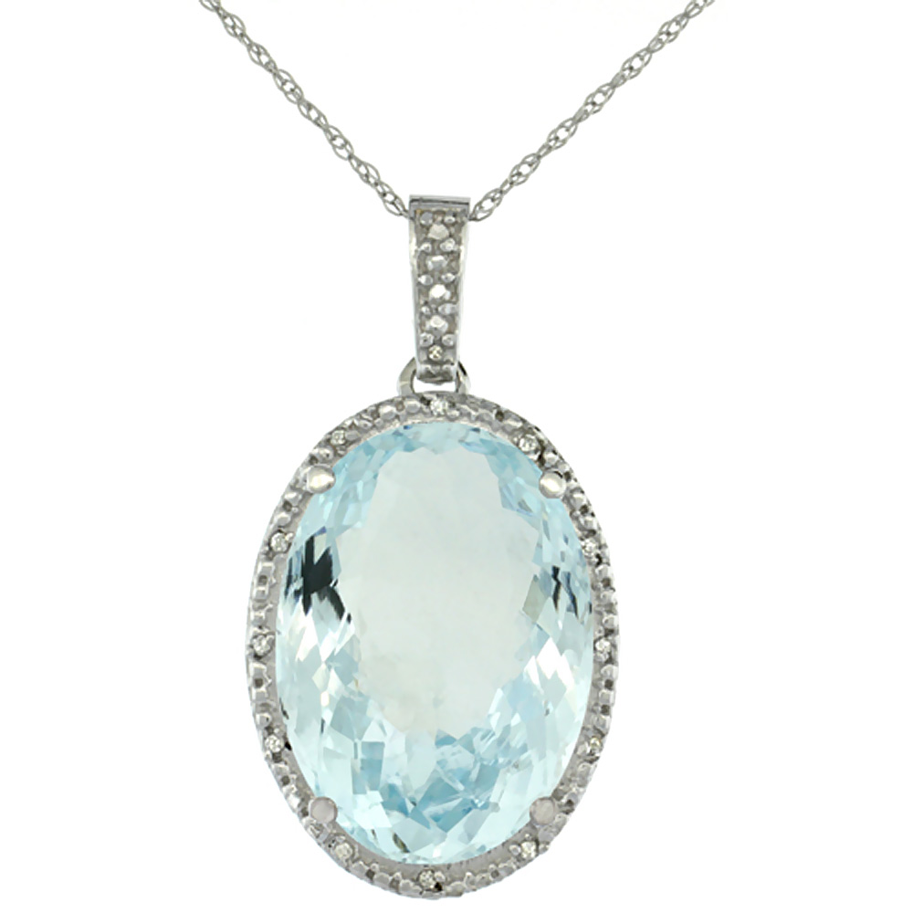 10K WHITE GOLD DIAMOND NATURAL AQUAMARINE PENDANT OVAL 18X13 MM