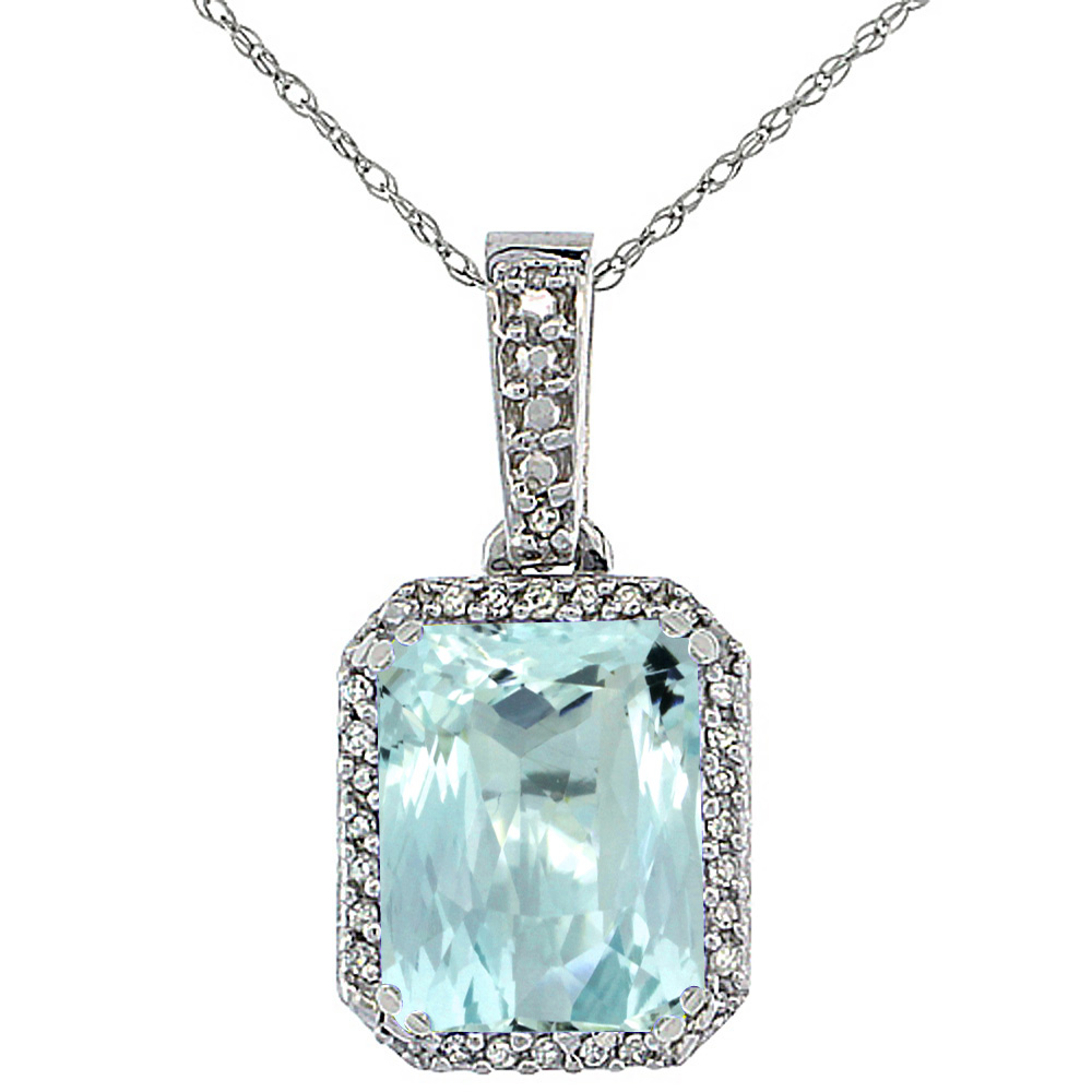 10K WHITE GOLD DIAMOND NATURAL AQUAMARINE PENDANT OCTAGON 9X7 MM