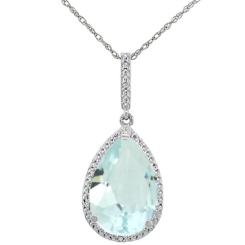10K WHITE GOLD DIAMOND HALO NATURAL AQUAMARINE NECKLACE PEAR SHAPED 15X10 MM, 18 INCH LONG