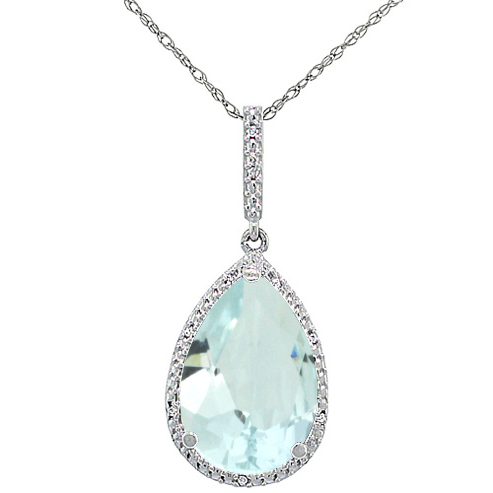 10K White Gold Diamond Halo Natural Aquamarine Necklace Pear Shaped 15x10 mm, 18 inch long
