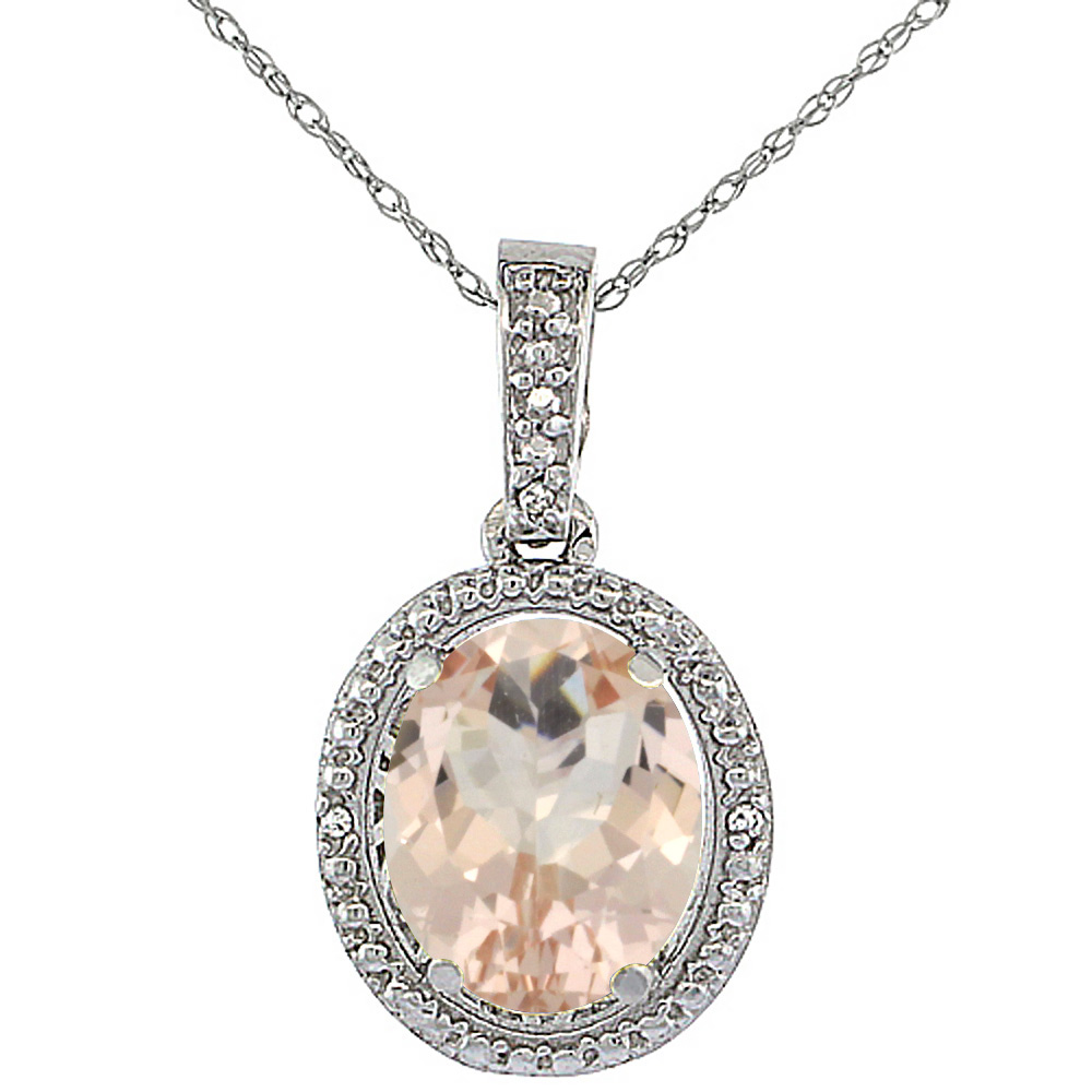 10K WHITE GOLD 0.09 CTTW DIAMOND NATURAL MORGANITE PENDANT OVAL 10X8 MM