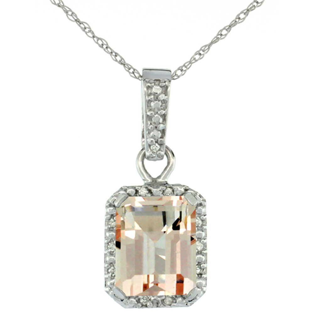 10K WHITE GOLD NATURAL MORGANITE PENDANT OCTAGON 8X6 MM & DIAMOND ACCENTS