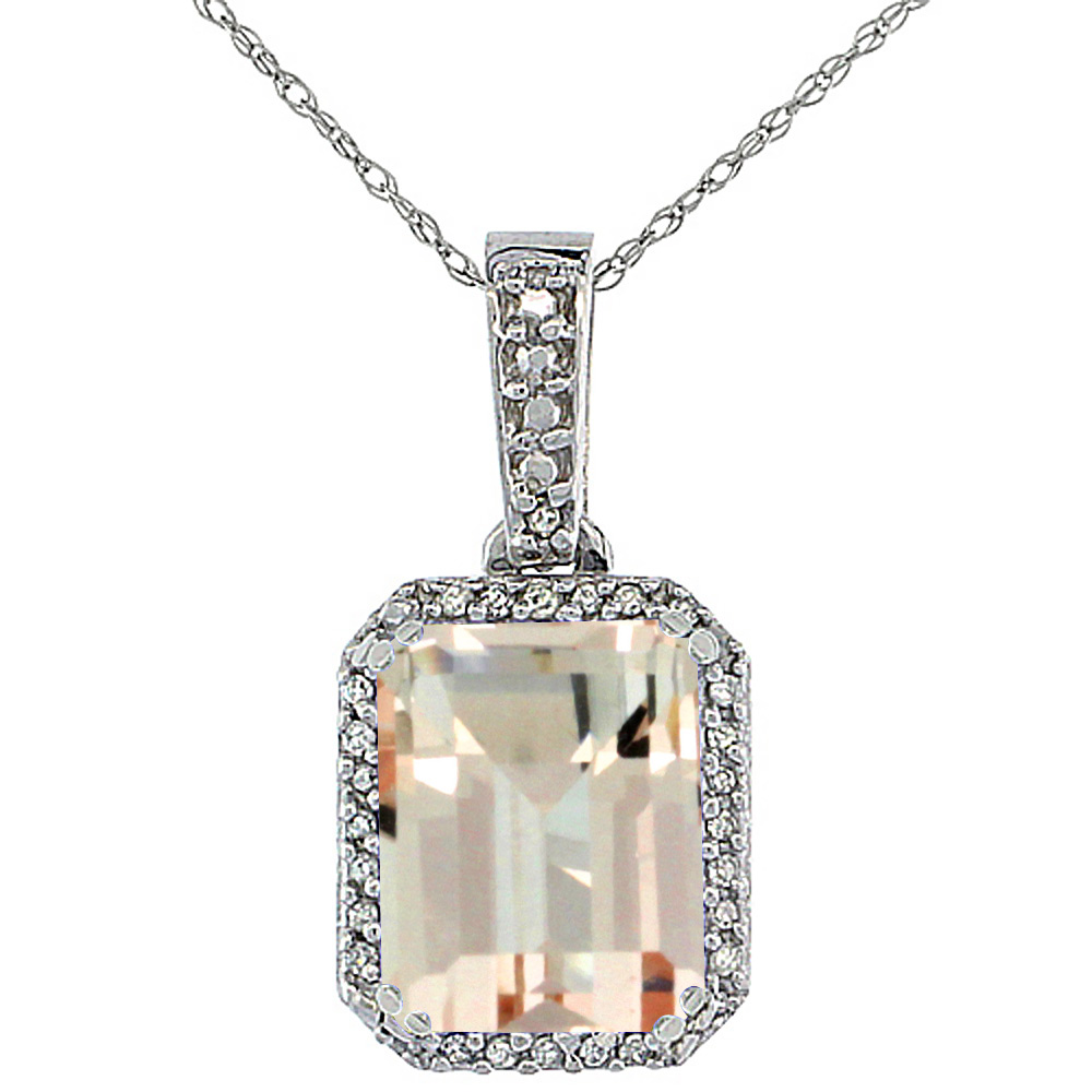 10K WHITE GOLD DIAMOND NATURAL MORGANITE PENDANT OCTAGON 9X7 MM