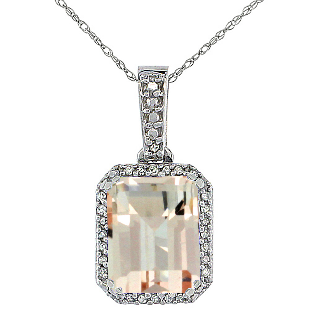 10K White Gold Diamond Natural Morganite Pendant Octagon 9x7 mm