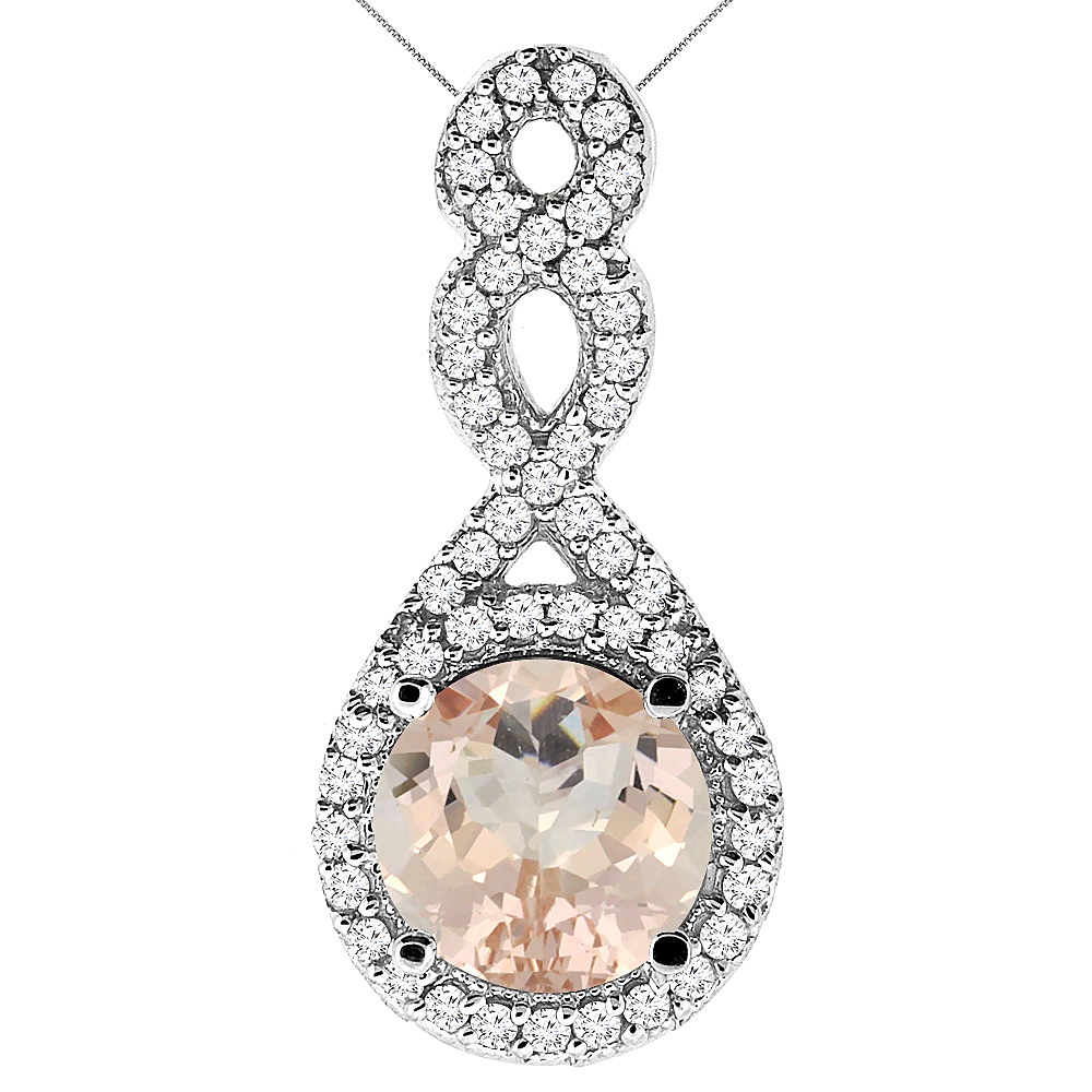 10K WHITE GOLD NATURAL MORGANITE ETERNITY PENDANT ROUND 7X7MM WITH 18 INCH GOLD CHAIN