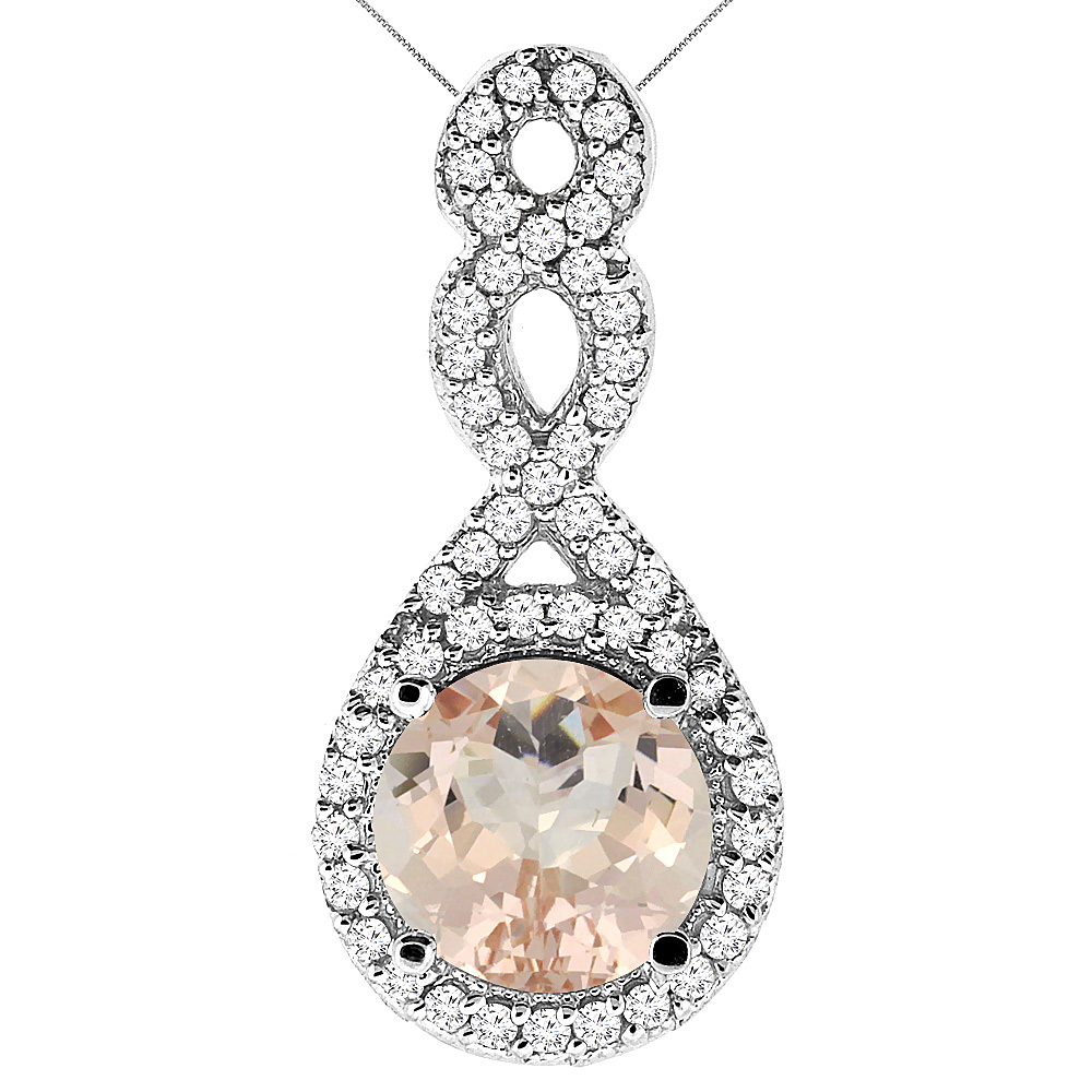 10K White Gold Natural Morganite Eternity Pendant Round 7x7mm with 18 inch Gold Chain