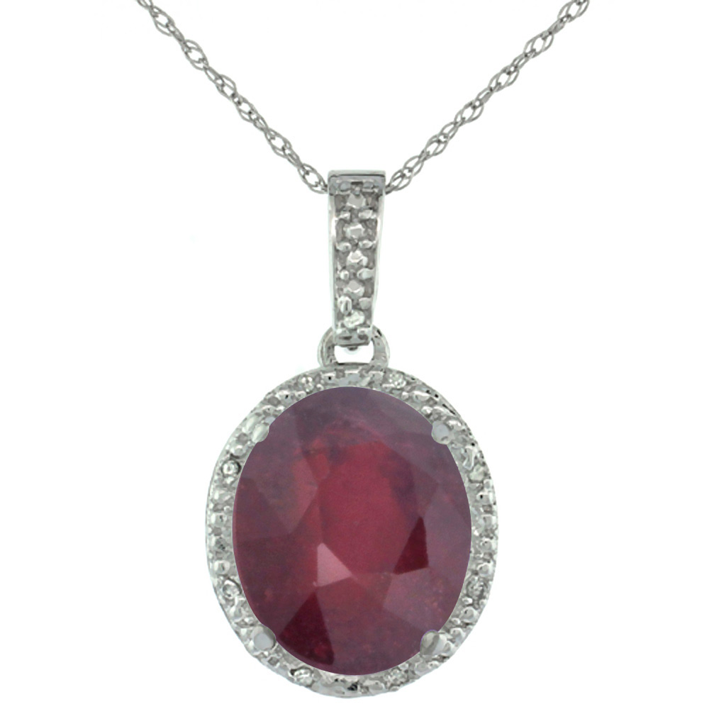 10K White Gold Diamond Halo Enhanced Genuine Ruby Necklace Oval 12x10 mm, 18 inch long