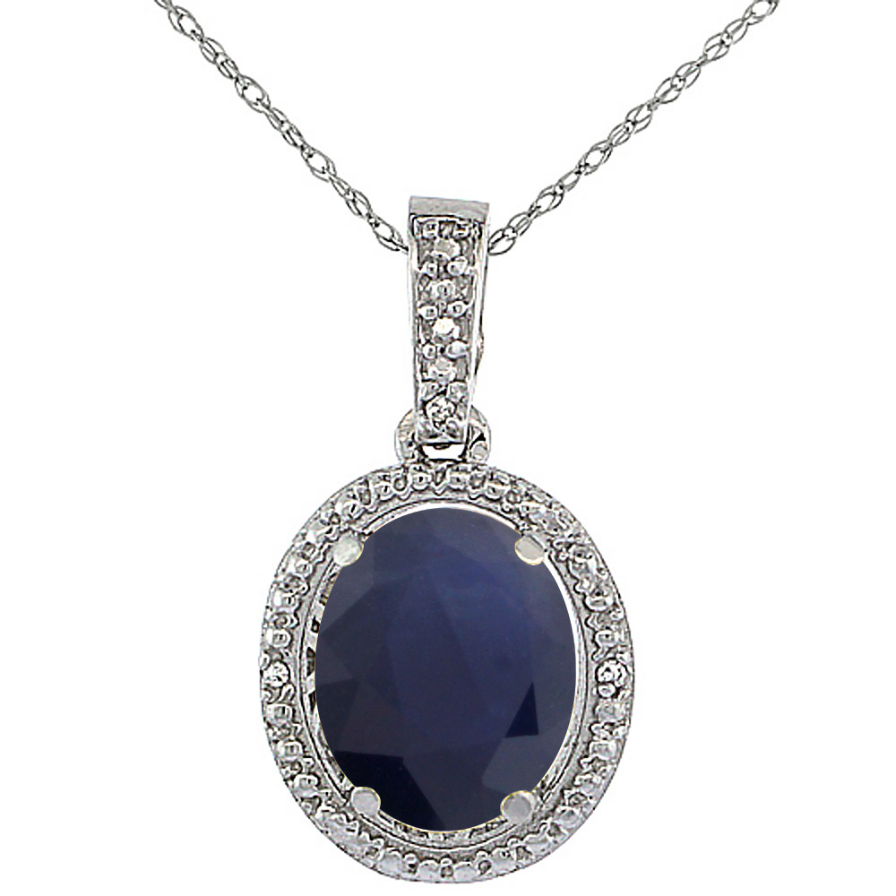 10K White Gold 0.09 cttw Diamond Natural Blue Sapphire Pendant Oval 10x8 mm