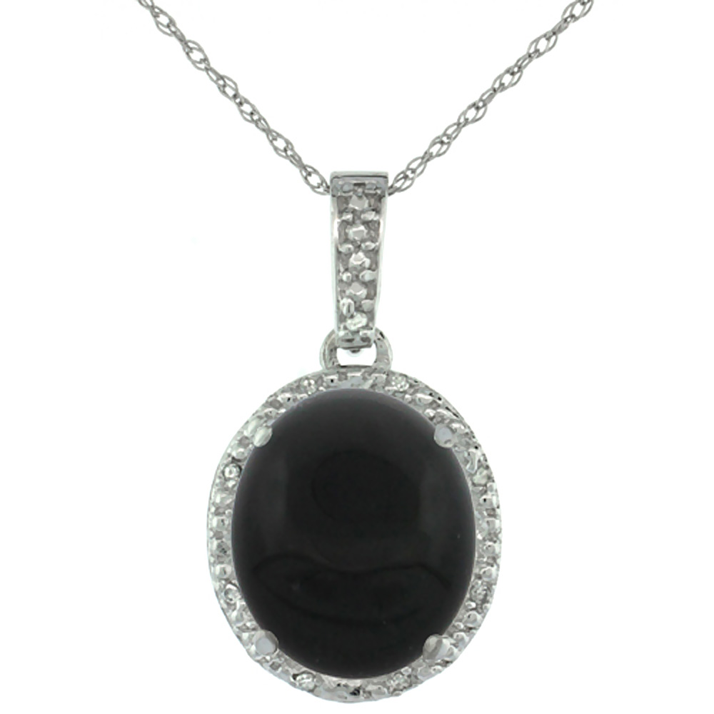10K WHITE GOLD DIAMOND HALO NATURAL BLACK ONYX NECKLACE OVAL 12X10 MM, 18 INCH LONG