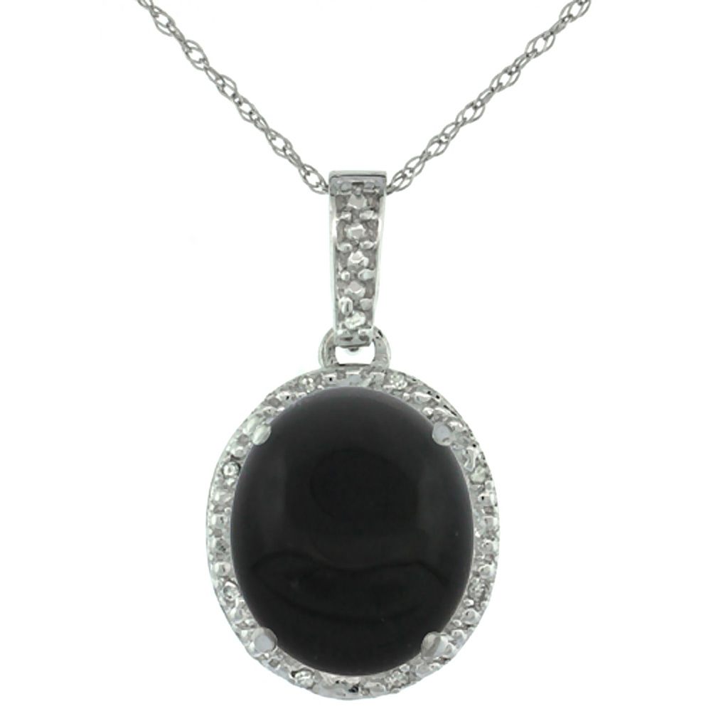 10K White Gold Diamond Halo Natural Black Onyx Necklace Oval 12x10 mm, 18 inch long