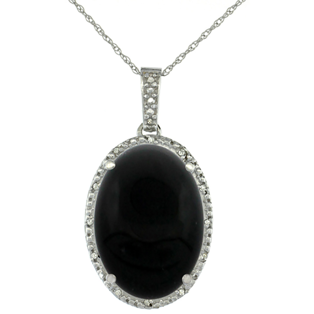 10K WHITE GOLD DIAMOND NATURAL BLACK ONYX PENDANT OVAL 18X13 MM