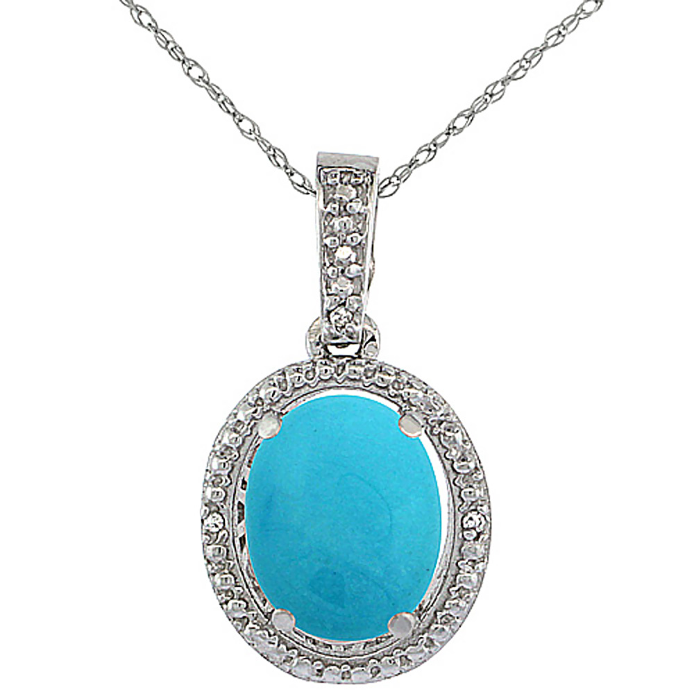 10K White Gold 0.09 cttw Diamond Natural Turquoise Pendant Oval 10x8 mm