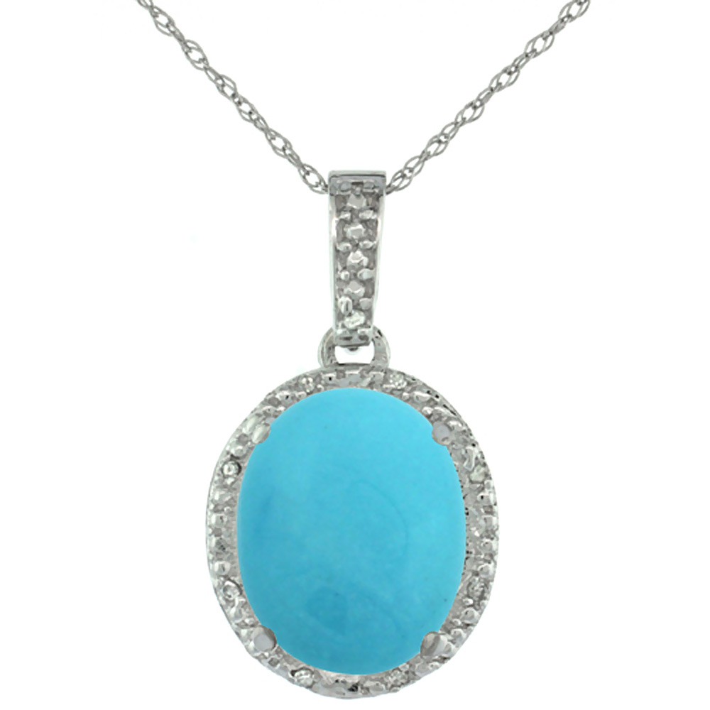 10K WHITE GOLD DIAMOND HALO NATURAL TURQUOISE NECKLACE OVAL 12X10 MM, 18 INCH LONG