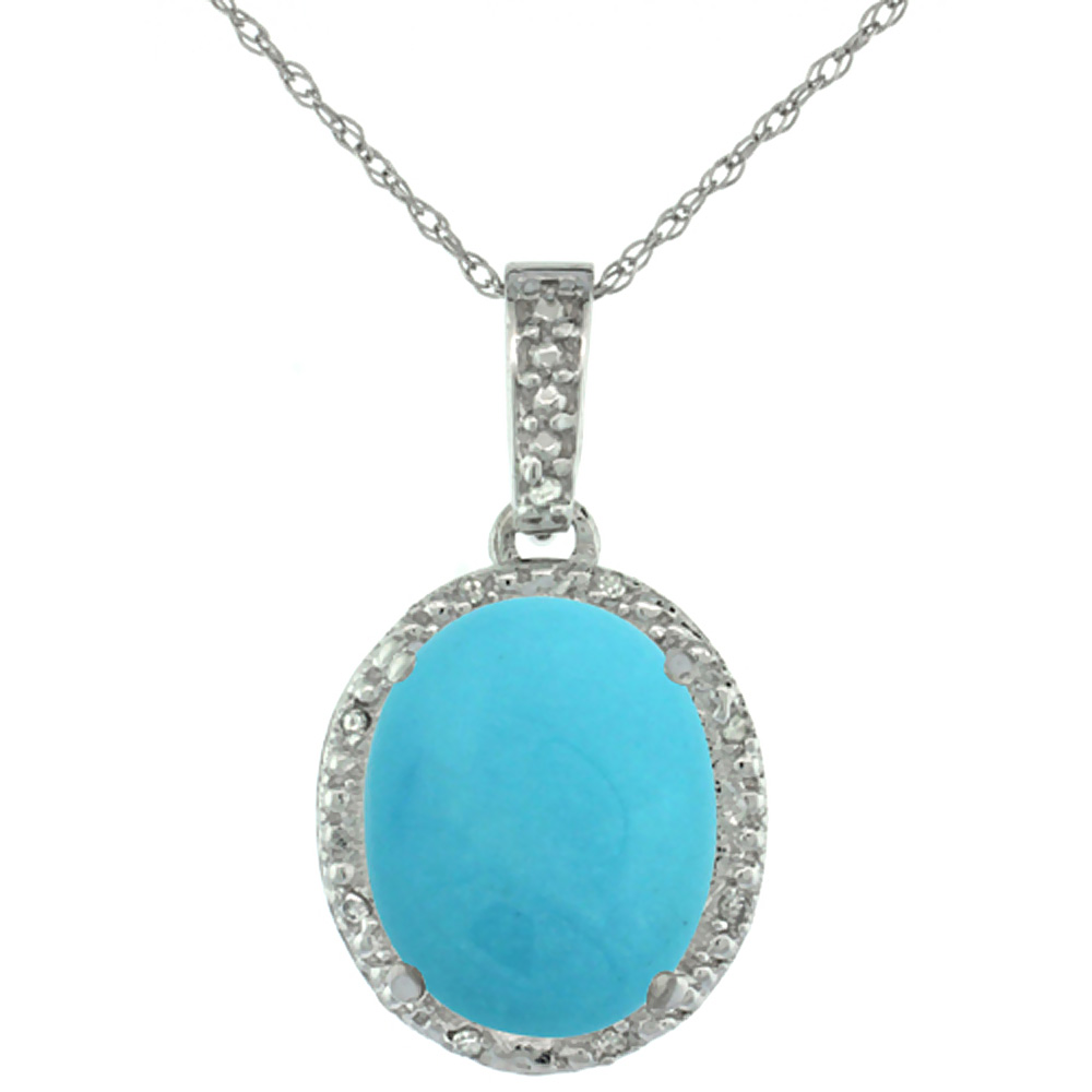 10K White Gold Diamond Halo Natural Turquoise Necklace Oval 12x10 mm, 18 inch long