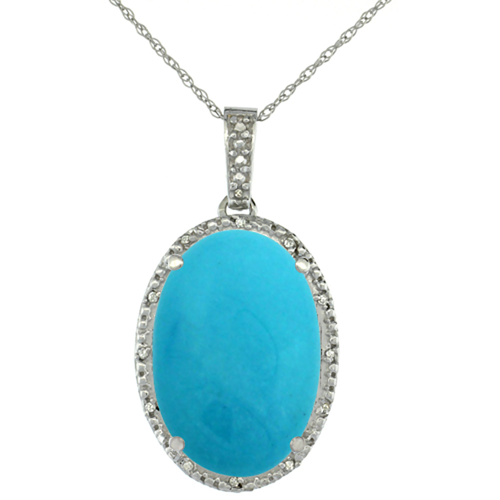 10K WHITE GOLD DIAMOND NATURAL TURQUOISE PENDANT OVAL 18X13 MM