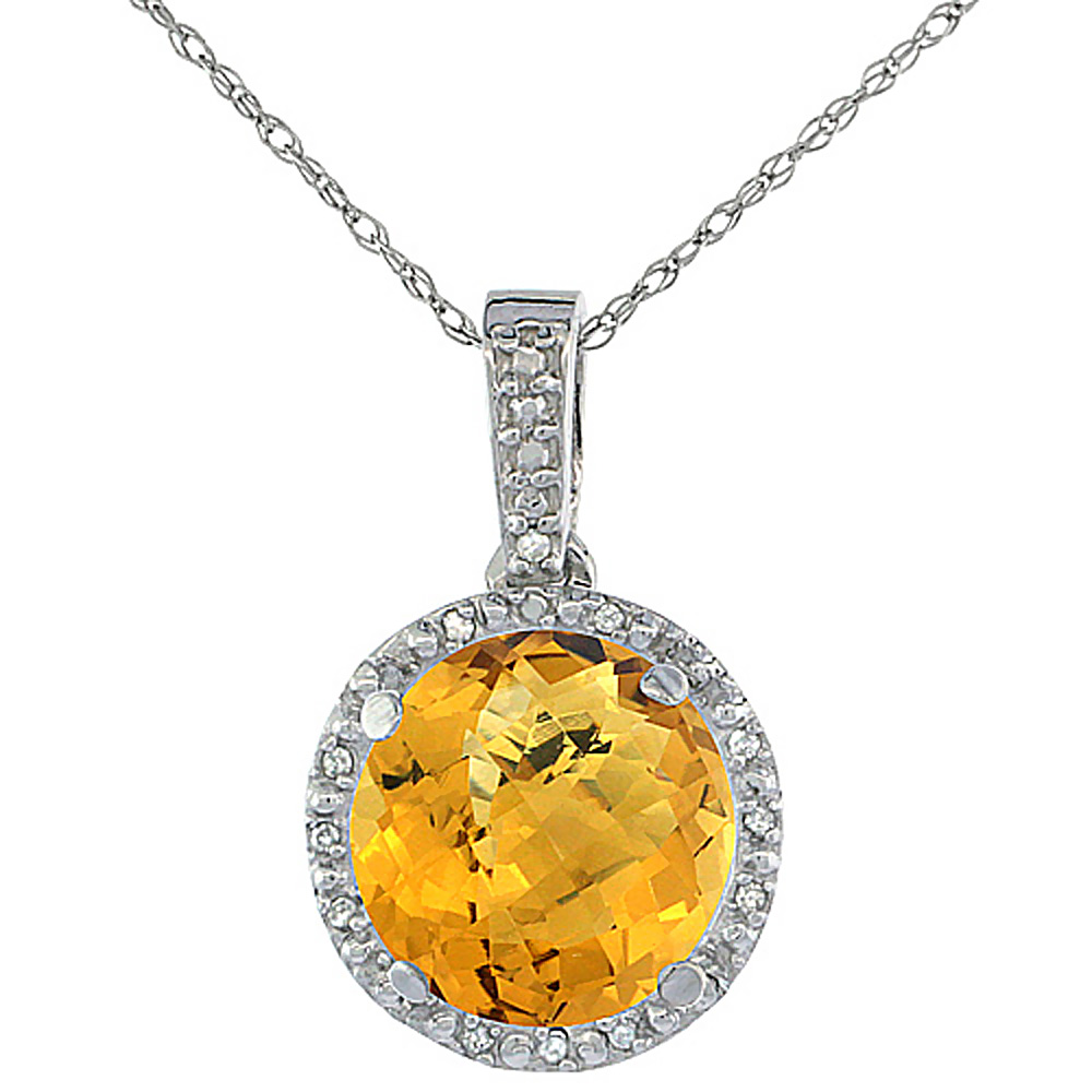 10K WHITE GOLD 0.03 CTTW DIAMOND NATURAL WHISKY QUARTZ PENDANT ROUND 11X11 MM