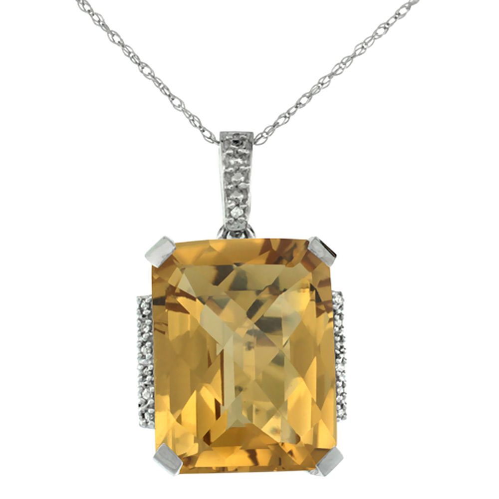 10K WHITE GOLD NATURAL WHISKY QUARTZ PENDANT OCTAGON 16X12 MM & DIAMOND ACCENTS