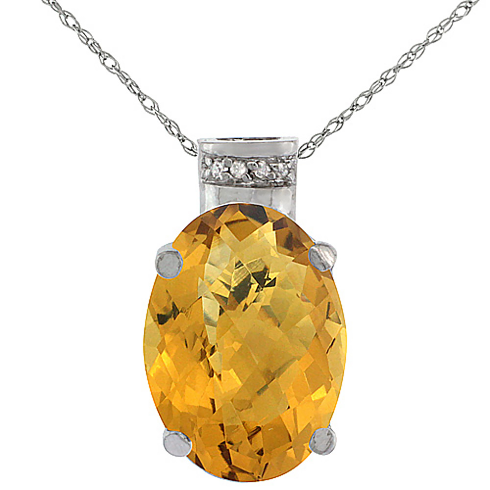 10K WHITE GOLD DIAMOND NATURAL WHISKY QUARTZ PENDANT OVAL 14X10 MM