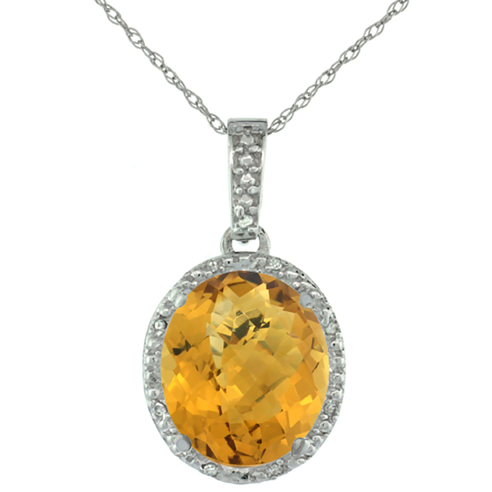 10K WHITE GOLD DIAMOND HALO NATURAL WHISKY QUARTZ NECKLACE OVAL 12X10 MM, 18 INCH LONG