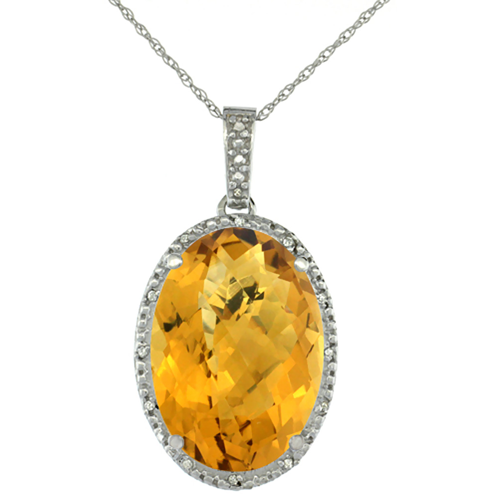 10K WHITE GOLD DIAMOND NATURAL WHISKY QUARTZ PENDANT OVAL 18X13 MM