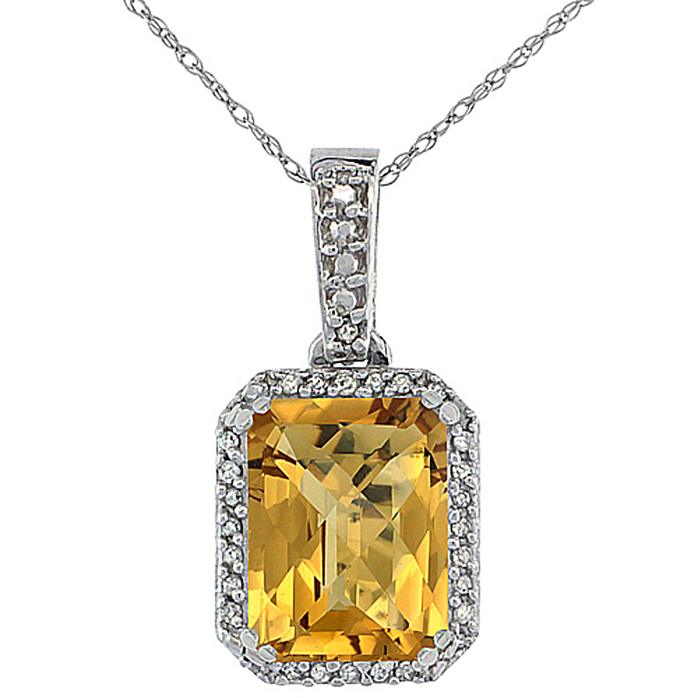 10K WHITE GOLD DIAMOND NATURAL WHISKY QUARTZ PENDANT OCTAGON 9X7 MM