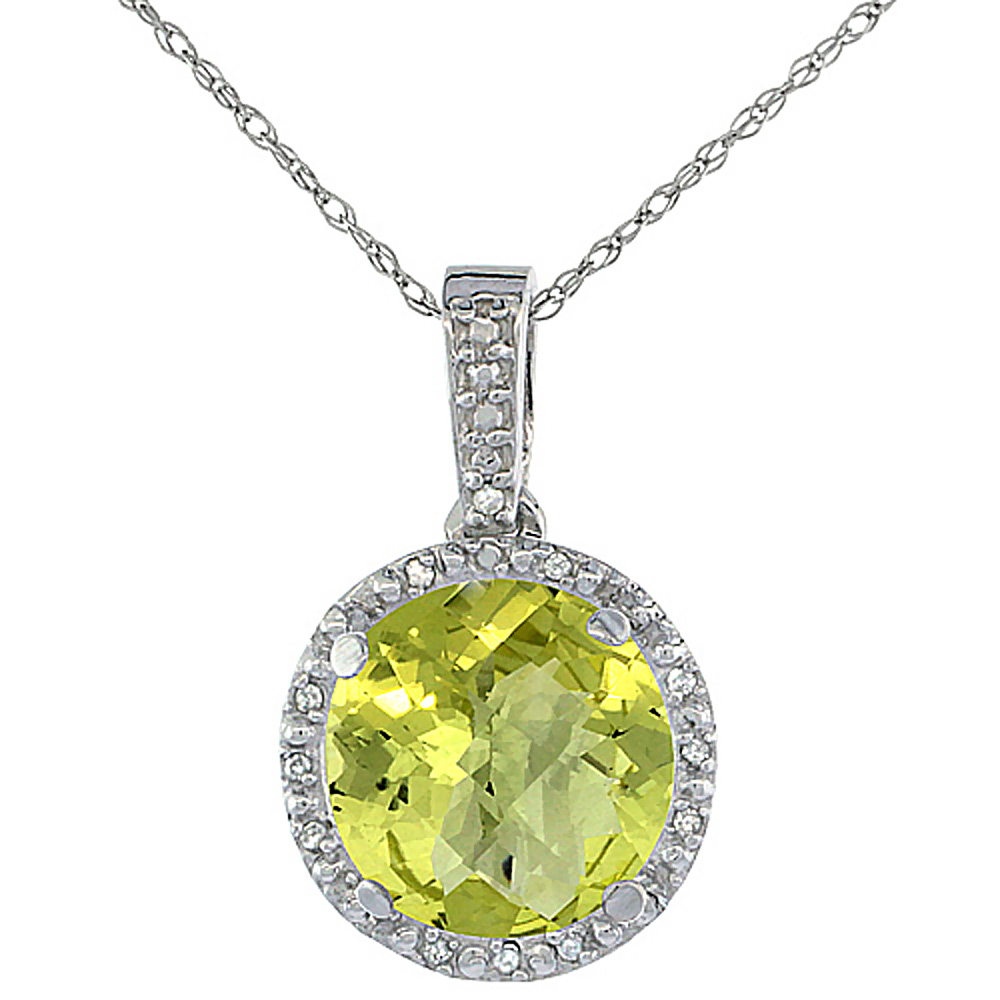 10K WHITE GOLD 0.03 CTTW DIAMOND NATURAL LEMON QUARTZ PENDANT ROUND 11X11 MM