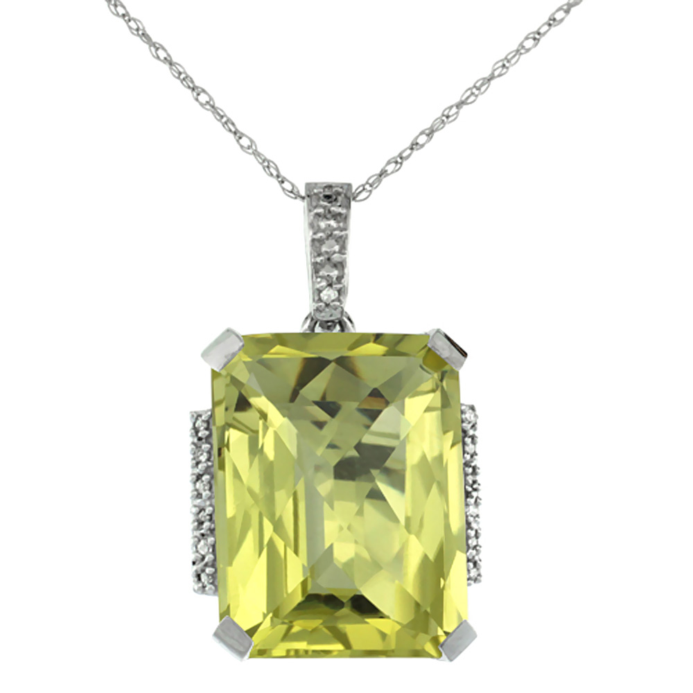 10K WHITE GOLD NATURAL LEMON QUARTZ PENDANT OCTAGON 16X12 MM & DIAMOND ACCENTS