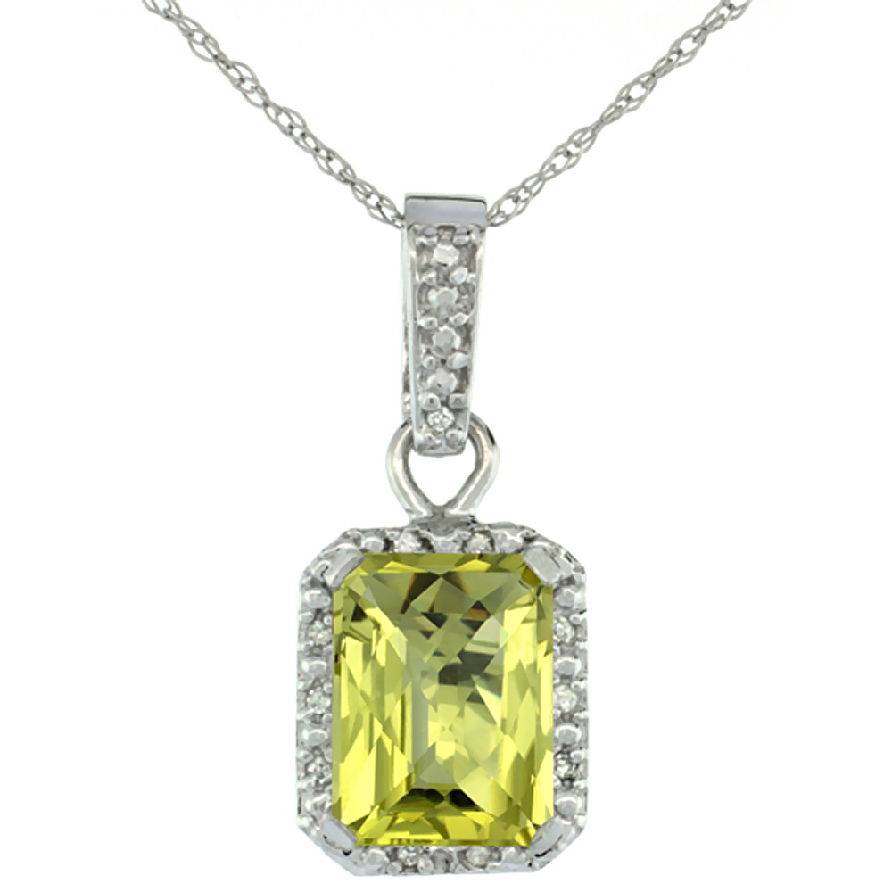 10K WHITE GOLD NATURAL LEMON QUARTZ PENDANT OCTAGON 8X6 MM & DIAMOND ACCENTS