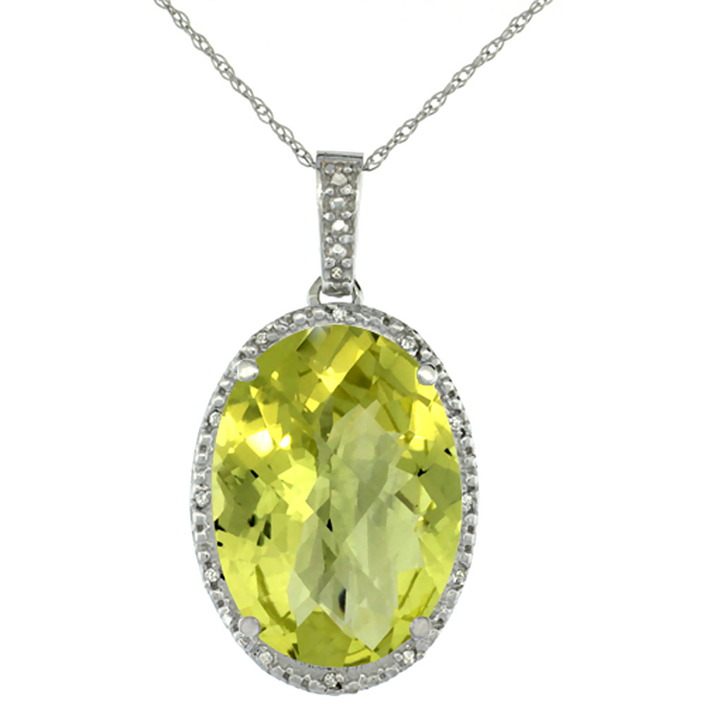 10K WHITE GOLD DIAMOND NATURAL LEMON QUARTZ PENDANT OVAL 18X13 MM