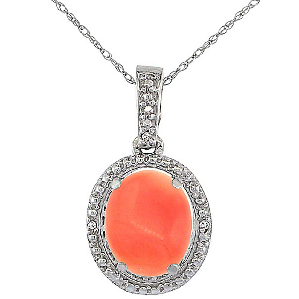 10K WHITE GOLD 0.09 CTTW DIAMOND NATURAL CORAL PENDANT OVAL 10X8 MM