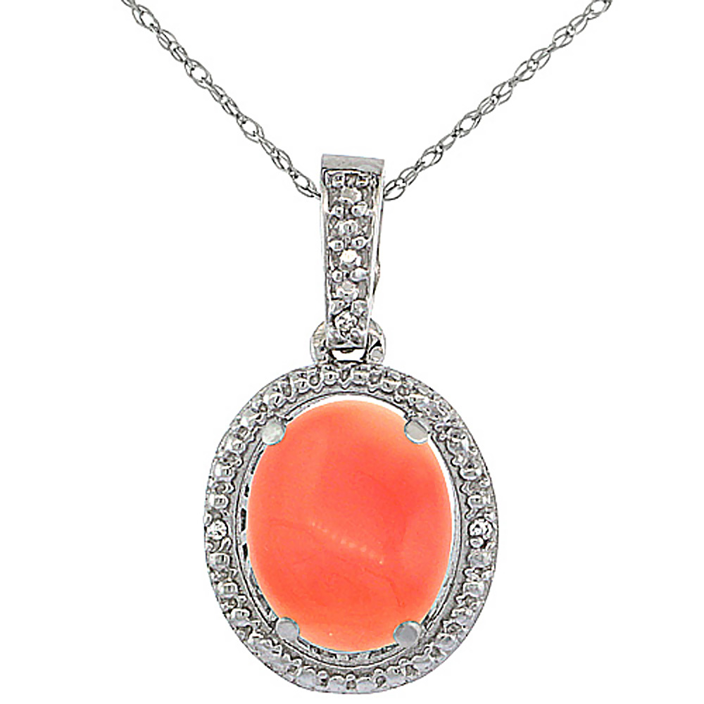 10K White Gold 0.09 cttw Diamond Natural Coral Pendant Oval 10x8 mm
