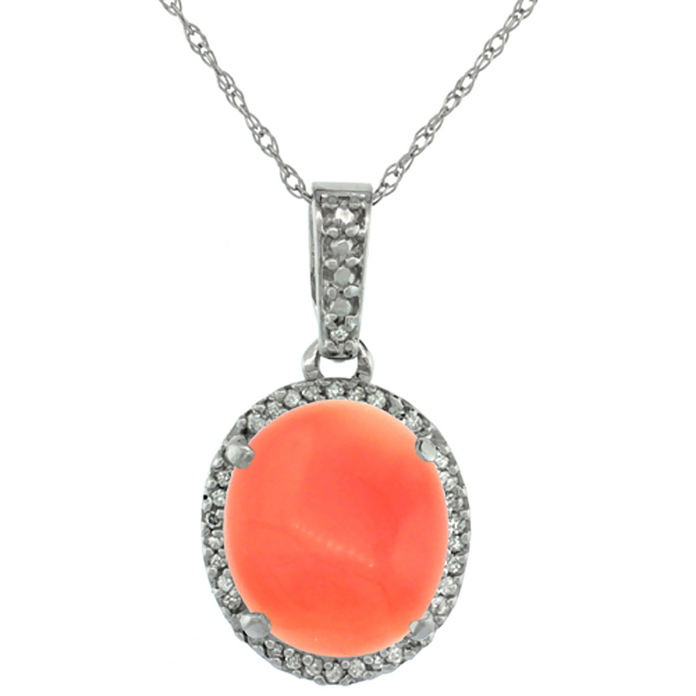 10K White Gold Natural Coral Pendant Oval 11x9 mm