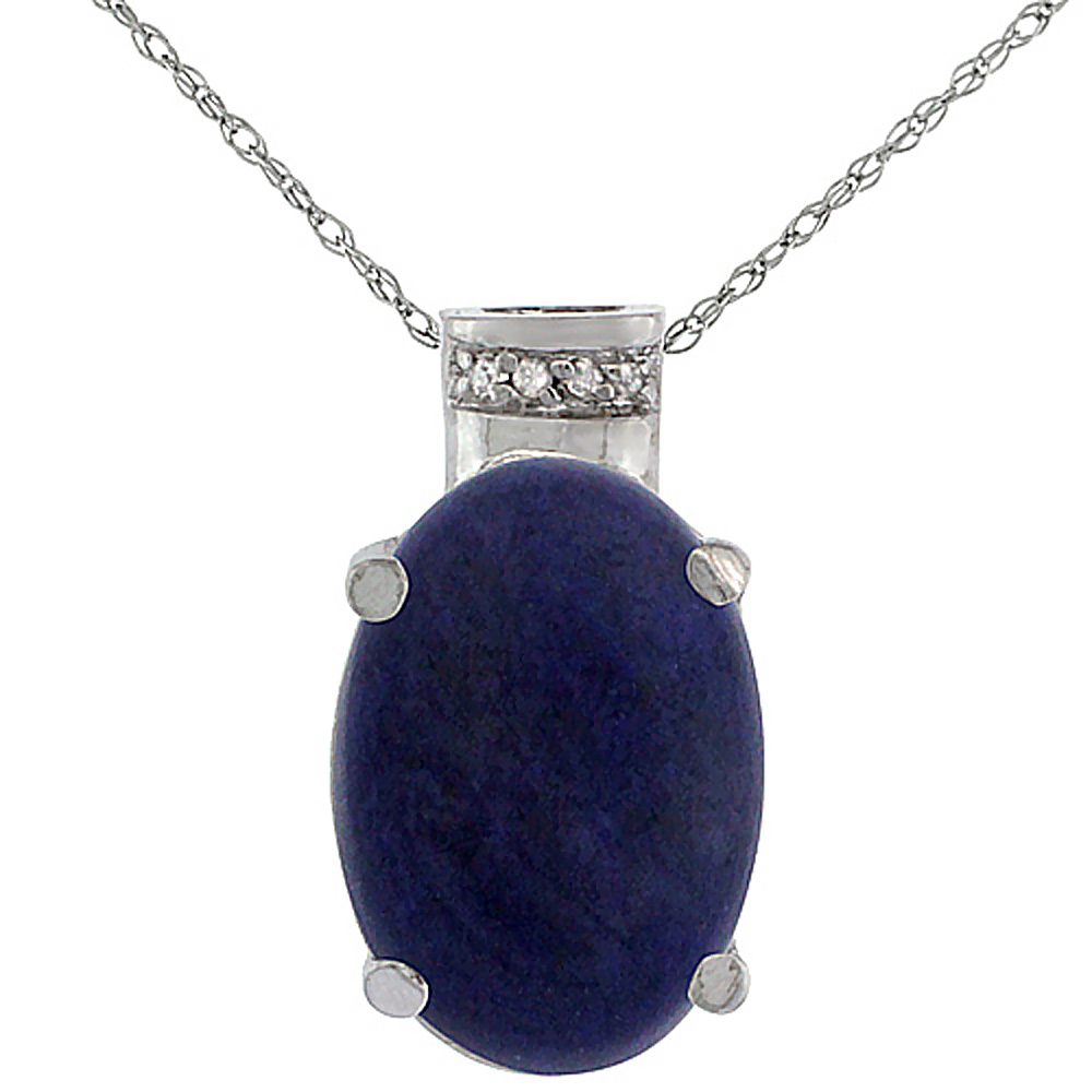 10K WHITE GOLD DIAMOND NATURAL LAPIS PENDANT OVAL 14X10 MM