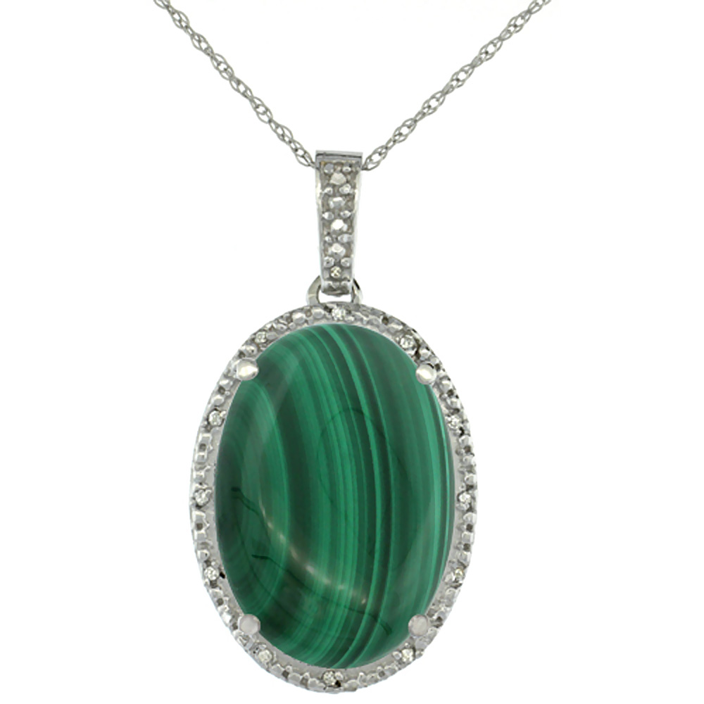 10K WHITE GOLD DIAMOND NATURAL MALACHITE PENDANT OVAL 18X13 MM