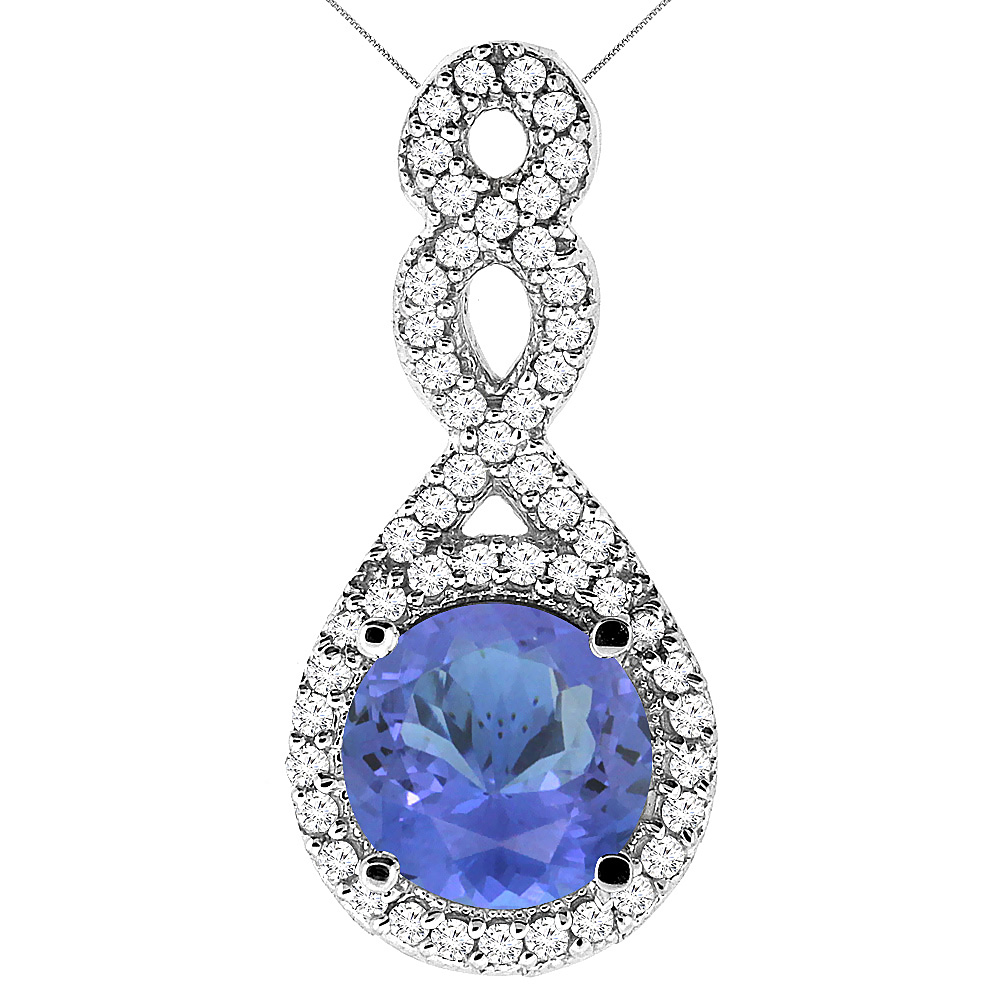 10K WHITE GOLD NATURAL TANZANITE ETERNITY PENDANT ROUND 7X7MM WITH 18 INCH GOLD CHAIN
