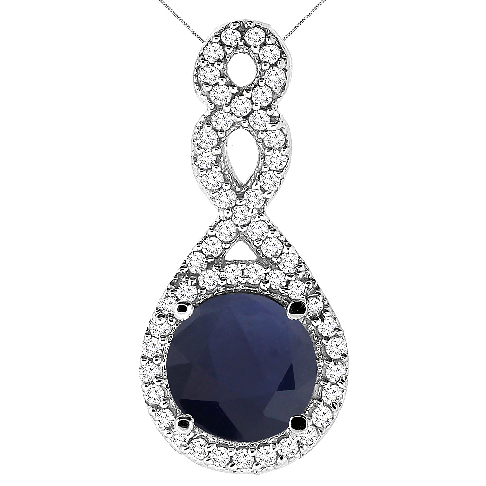 14K White Gold Natural High Quality Blue Sapphire Eternity Pendant Round 7x7mm with 18 inch Gold Chain